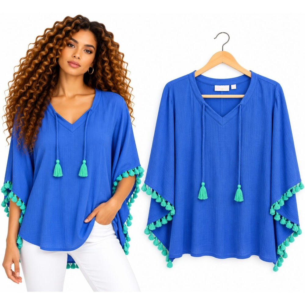 Belle by Kim Gravel Poncho Tunic Top Size Small Blue Tassel Trim QVC A643813